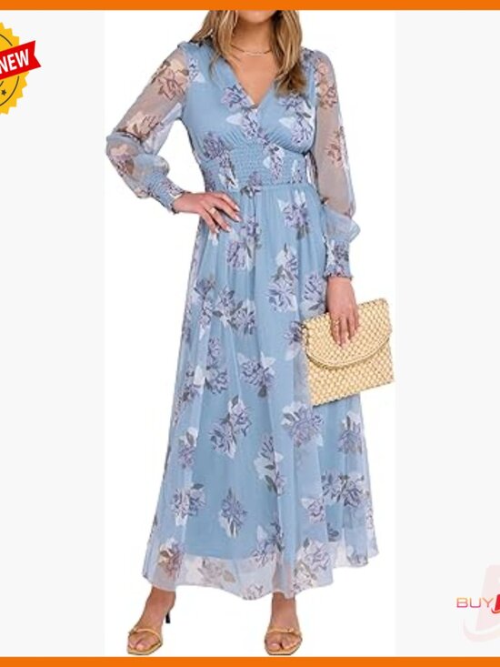 Dresses & Skirts - Floral Maxi Dress V Neck Puff Sleeve Long Sleeve Flowy Tulle Wedding Guest